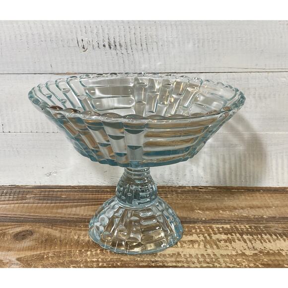 Vintage 1950's Jeannette Glass Louisa Star Lite Blue Footed Compote Bowl 9" Dia - Picture 10 of 12